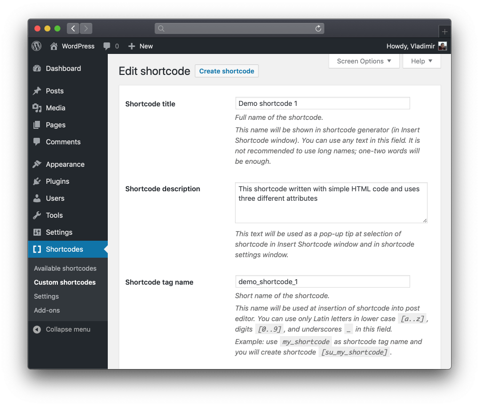 Shortcode Creator form in WordPress admin