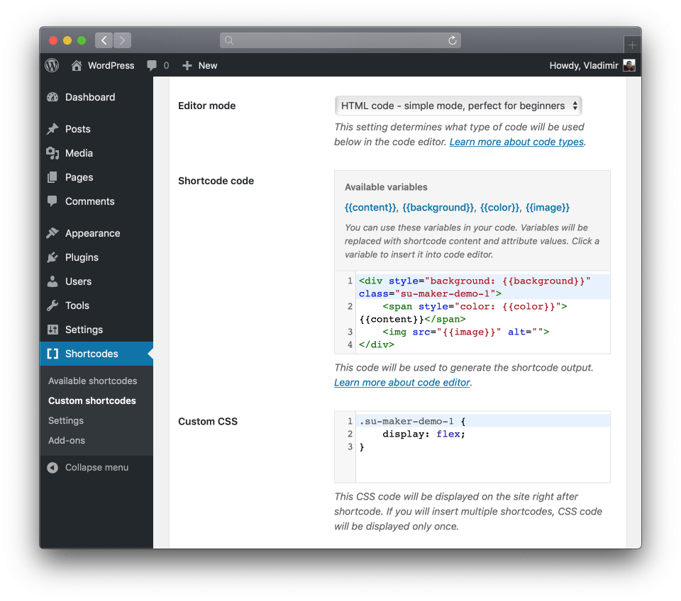 Shortcode Creator PHP and HTML code fields
