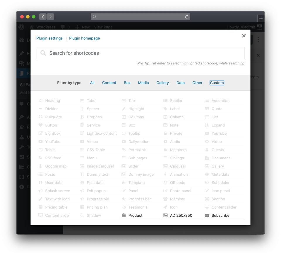 Custom shortcode shown in the Shortcodes Ultimate insertion workflow