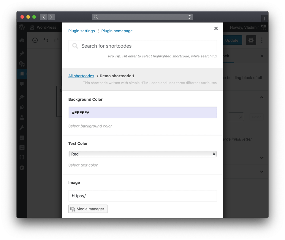 Shortcodes Ultimate insert shortcode settings for a custom shortcode